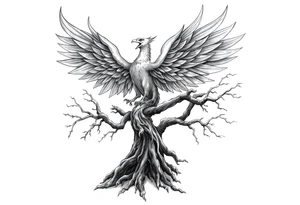 Powerful Phoenix rising from large rooted 
tree of life tattoo idea