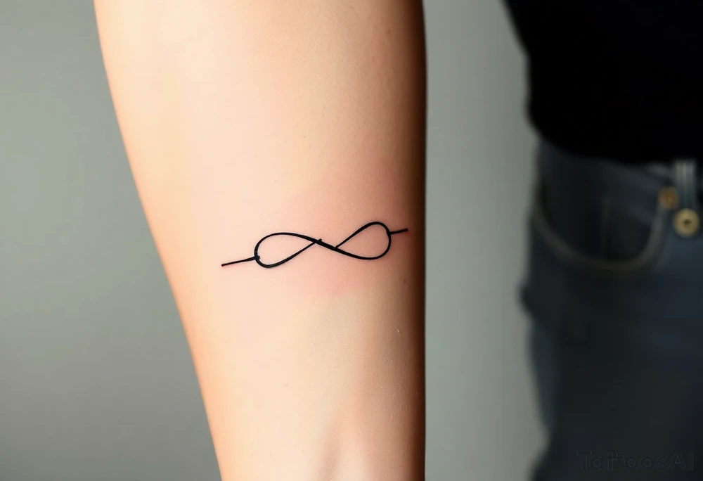 Quero uma tatuagem no antebraço, simples e elegante. O design deve começar com a data de nascimento do meu avô escrita em vermelho, seguida de um símbolo de infinito em branco, com uma leve sombra ao redor para destacá-lo. O símbolo de infinito deve continuar numa linha reta, como se fosse um infinito sem fim. A linha deve ser discreta e uniforme, mantendo um estilo minimalista. tattoo idea