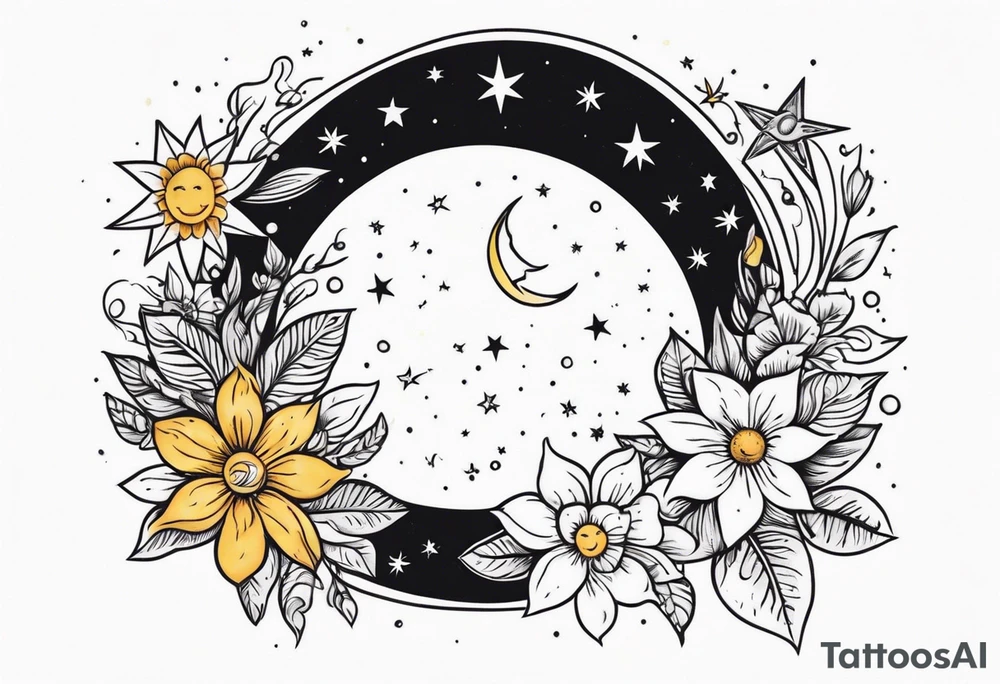 Western floral with sun stars and moon. Mirrored with swirls and dots tattoo idea