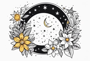Western floral with sun stars and moon. Mirrored with swirls and dots tattoo idea