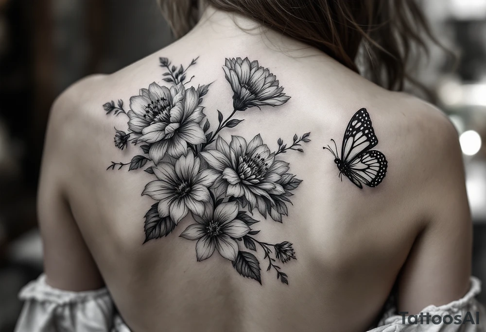 Bird flower and butterfly tattoo idea