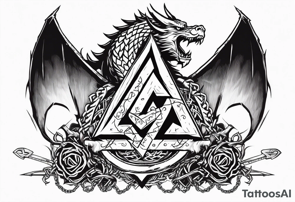 Valhalla sword shield dragon axe Valknut barbed wire chains fire tattoo idea Valhalla sword shield dragon axe Valknut barbed wire chains fire tattoo idea