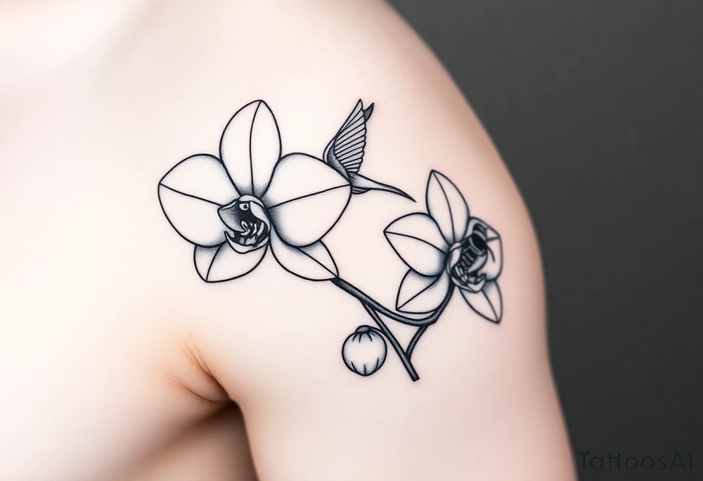 A delicate, black and white fine-line tattoo for male, featuring gracefully detailed 2 orchids in full bloom including their stems, with soft, intricate petals and elegant curves. Beside it, a hummingbird hovers mid-flight, its wings drawn with subtle motion lines, its slender beak reaching toward the orchid’s center to drink its nectar. on the other flower there is a bee that is resting tattoo idea