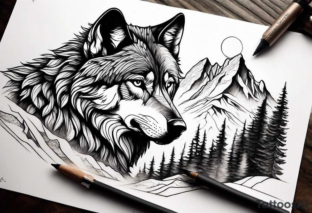 Mountains, wolf in it tattoo idea