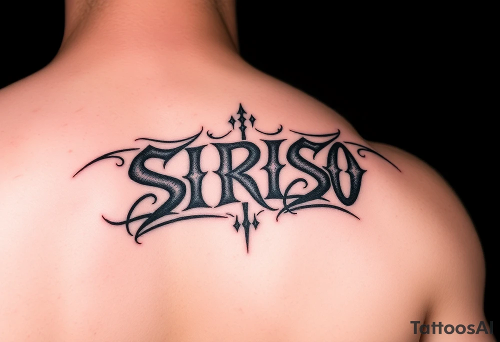Tribal font like Dave Bautista tattoo saying “SIRISO” on bicep tattoo idea