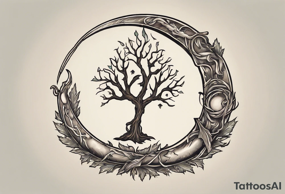 A druid sickle in the shape of a 1/4 moon, the handle has a acorn on the hilt, on the opposite side of the sickle there are four leafs,  an oak leaf in the spring, a birch leaf in the summer, a maple leaf with fall colors, and a pine leaf in the winter tattoo idea