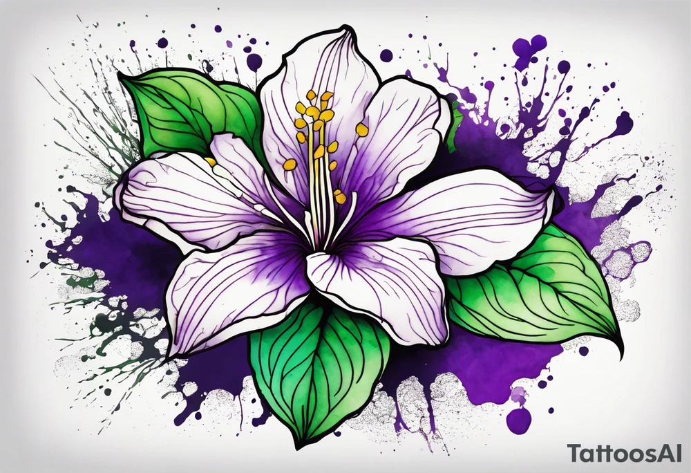 An outline of an only green rio dipladenia flower and a green and purple watercolor splash in the background tattoo idea