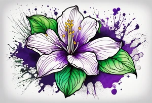 An outline of an only green rio dipladenia flower and a green and purple watercolor splash in the background tattoo idea