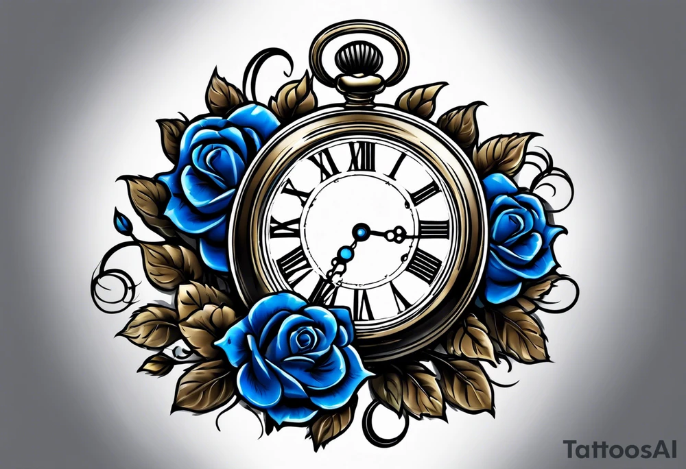 Pocket watch with blue roses tattoo idea