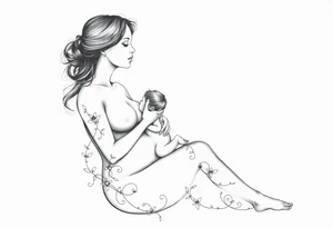 Mère assise  qui allaite son bébé relié au ciel et à la terre tattoo idea