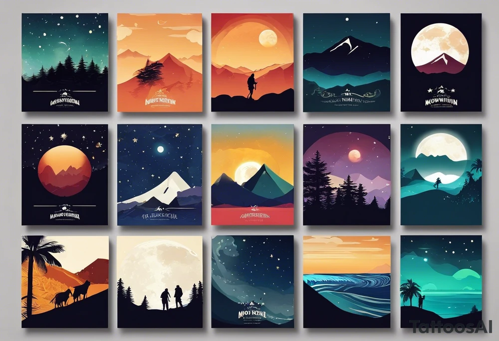 I am into hiking mountains, surfing, scuba diving, etc, and just traveling around to do cool adventures. If you have any ideas as an artist that would be awesome. These are the designs that really speak to me. I would definitely want to not fill the moon in the mountain one, and find a reference to the water and the sunset with the mountain. I also love the touch of the bird in the bottom. Im really looking for something that references exploring new places while traveling as much as possible and feeling free. tattoo idea