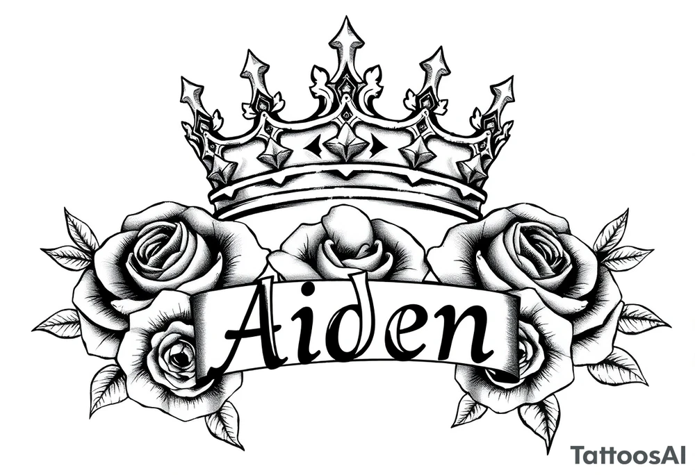 Medium size Kings crown above the name Aiden and roses tattoo idea