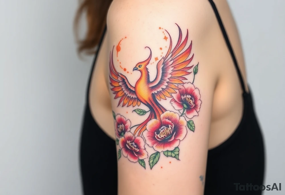A pheonix rising out of fire surrounded by carnation flowers on the upper arm tattoo idea