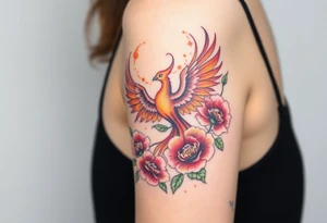 A pheonix rising out of fire surrounded by carnation flowers on the upper arm tattoo idea