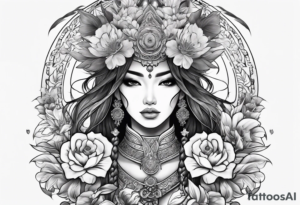 ornate beautiful woman warrior with weapon & floral surrounding tattoo tattoo idea