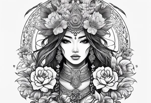 ornate beautiful woman warrior with weapon & floral surrounding tattoo tattoo idea