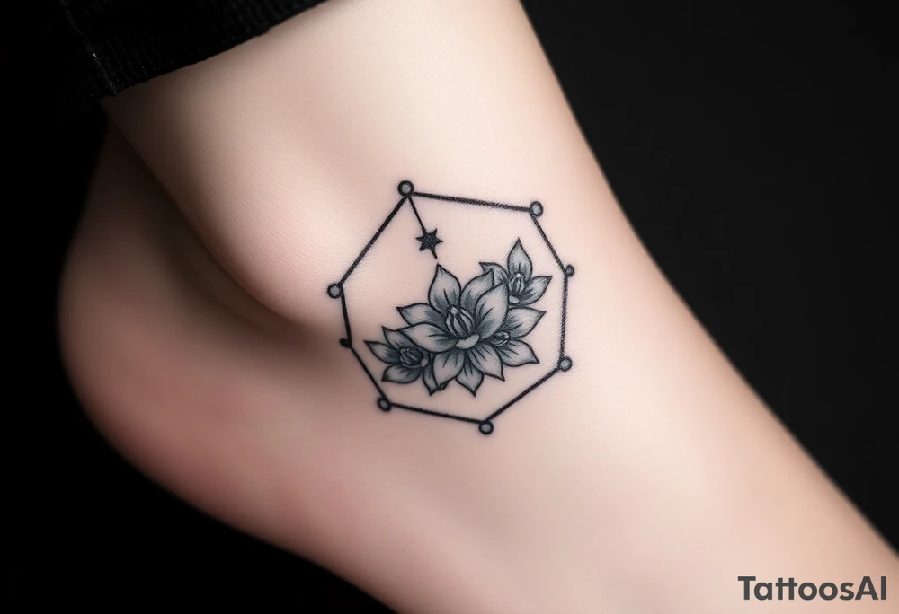 Hexagon with a Leo constellation, larkspur and water lilies in the center tattoo idea