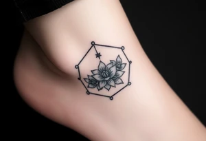 Hexagon with a Leo constellation, larkspur and water lilies in the center tattoo idea