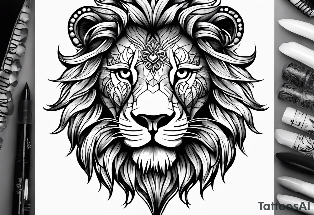 Ornate lion face tattoo idea
