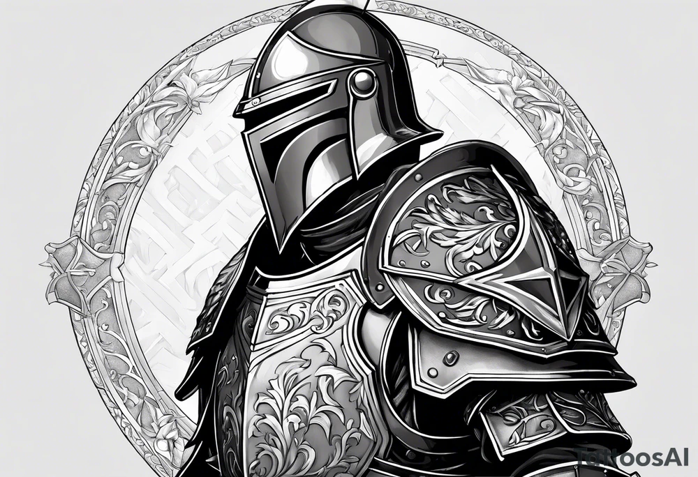 knight with heavy armor with letters with RAYMOND on shield tattoo idea