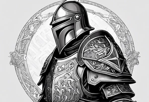 knight with heavy armor with letters with RAYMOND on shield tattoo idea