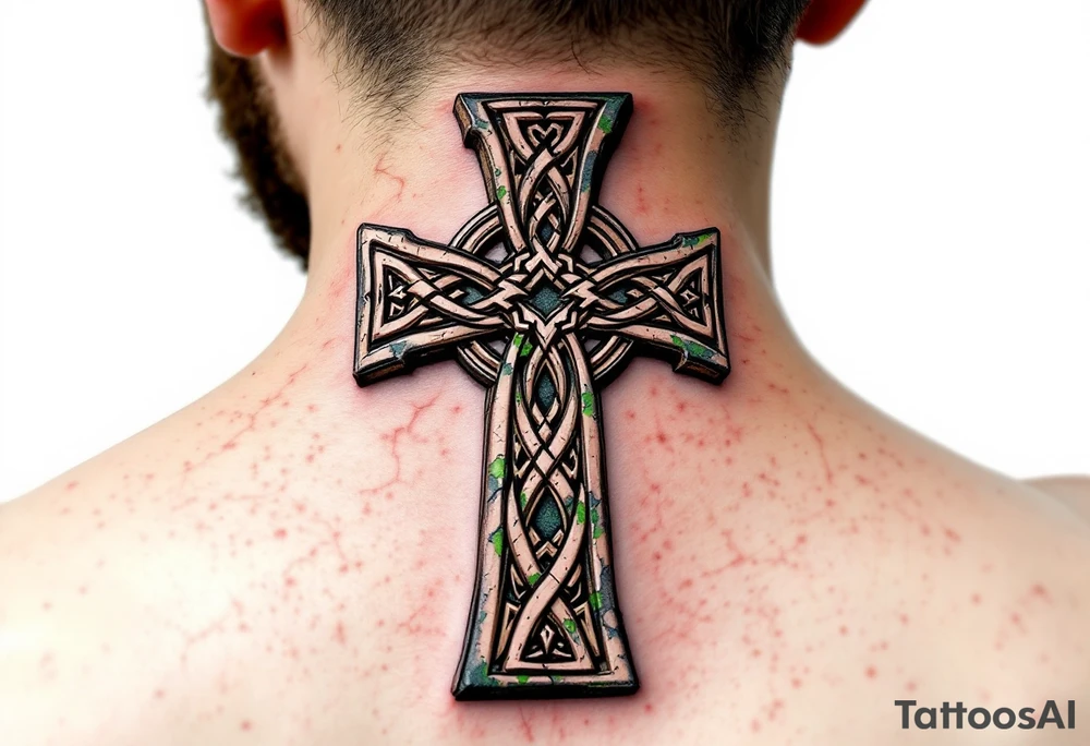 A rugged stone-textured Celtic cross, weathered with cracks and mossy green highlights for an ancient feel. tattoo idea