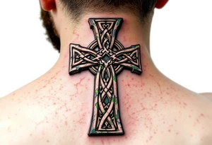 A rugged stone-textured Celtic cross, weathered with cracks and mossy green highlights for an ancient feel. tattoo idea