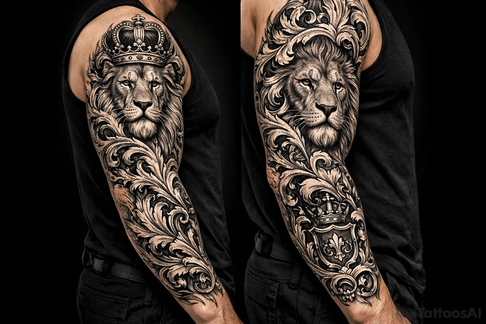majestic lion wearing ornate crown, surrounded by baroque flourishes tattoo idea