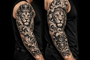 majestic lion wearing ornate crown, surrounded by baroque flourishes tattoo idea