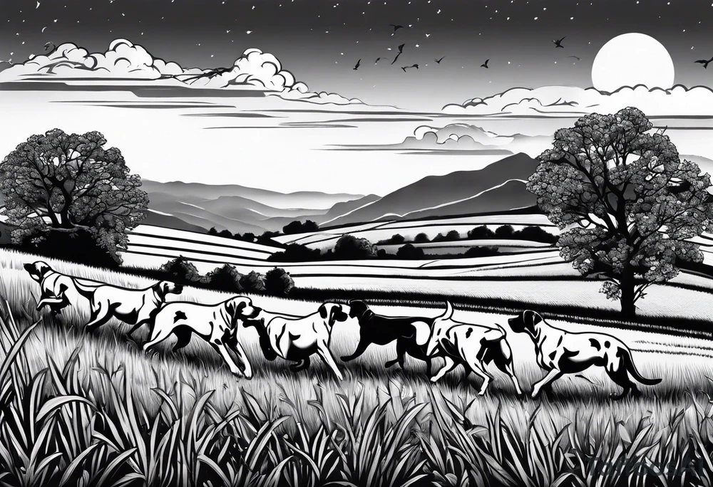 full arm sleeve. Rolling fields and Tennessee mountains with 4 Great Dane dogs running together in the field tattoo idea