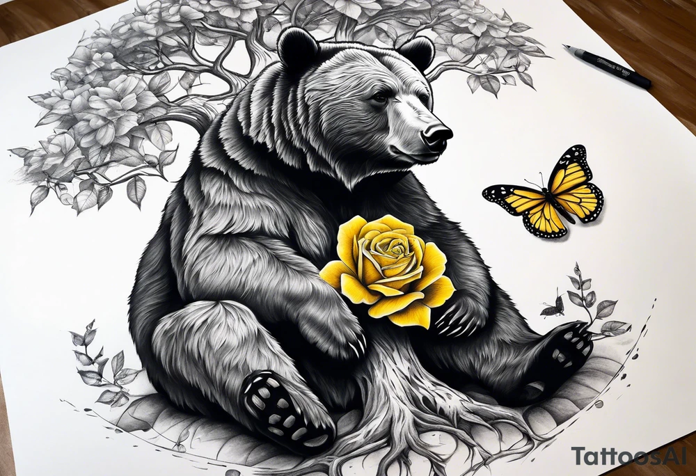 A bear sitting under the tree of life with three yellow roses, and three butterflies tattoo idea