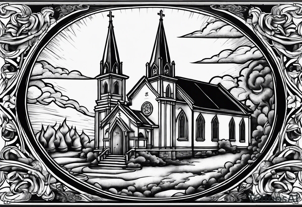 church on fire border tattoo idea