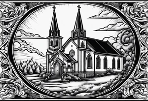 church on fire border tattoo idea