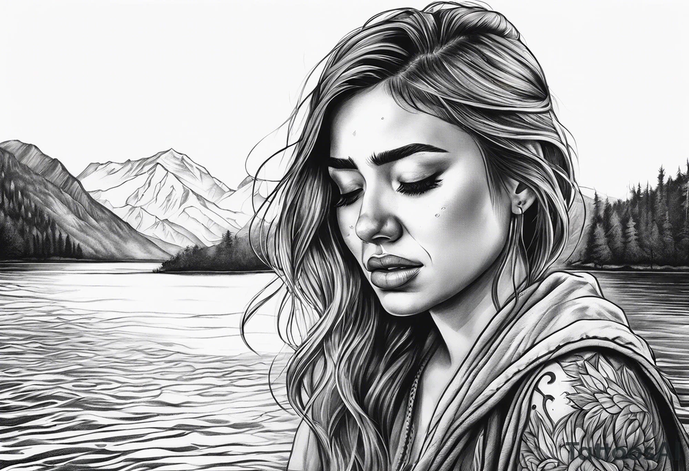 Woman crying at a river tattoo idea
