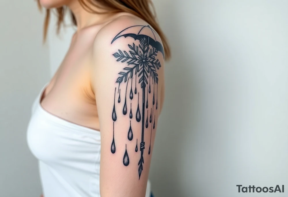 A snowflake melting and turning into rain drops and the rain drops cascading over and umbrella tattoo idea