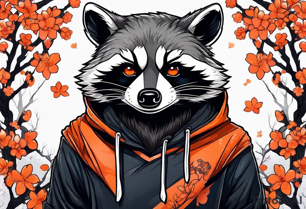 Raccoon wearing a white Superman logo on a black hoodie and orange Japanese cherry blossoms tattoo idea