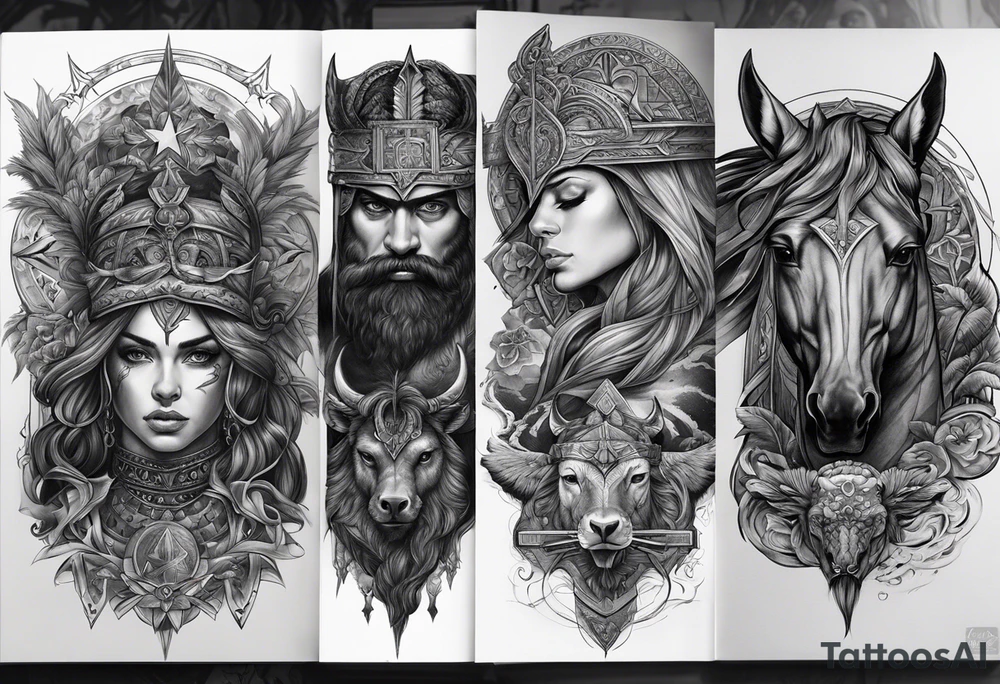 Os quatro cavaleiros do apocalipse lado a lado, com aparência sombria, retratados com seus acessórios e cavalos descritos conforme a biblia. tattoo idea