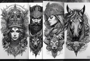 Os quatro cavaleiros do apocalipse lado a lado, com aparência sombria, retratados com seus acessórios e cavalos descritos conforme a biblia. tattoo idea