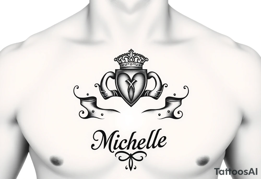Create a tattoo on a man’s chest if a woman’s name. Claddagh and the name Michelle. Irish themed with Celtic knot on top and bottom. tattoo idea