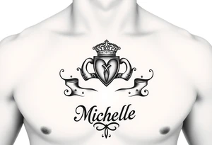 Create a tattoo on a man’s chest if a woman’s name. Claddagh and the name Michelle. Irish themed with Celtic knot on top and bottom. tattoo idea