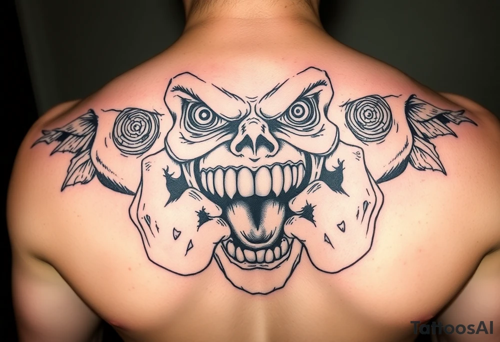 powerful faces with huge eyes and mouth with hands fighting to get out tattoo idea