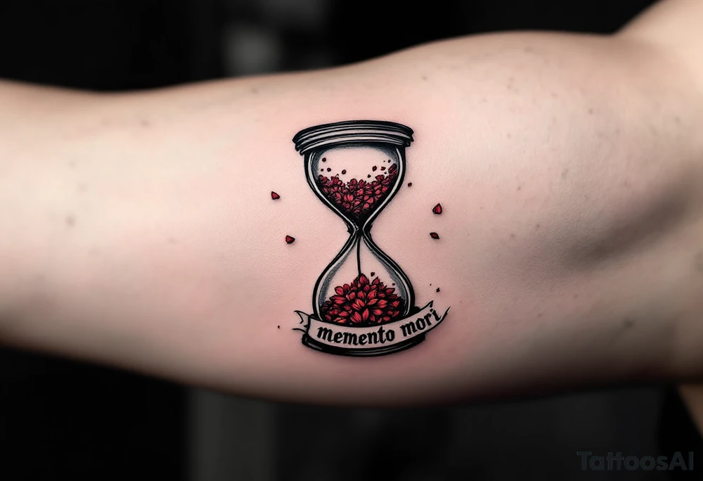 A grayscale hourglass cracked and spilling red petals, with "memento mori" in inked calligraphy curling along the base. tattoo idea
