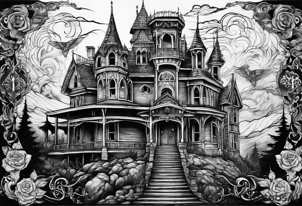 Scary rotting haunted castle portrait tattoo idea