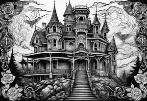 Scary rotting haunted castle portrait tattoo idea