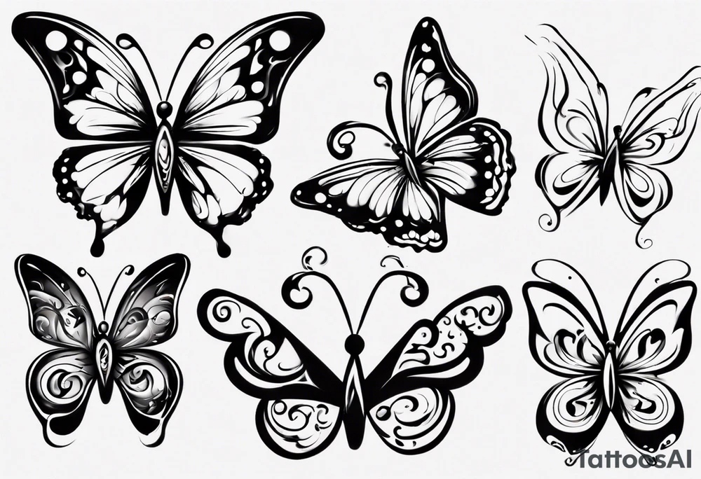 5 butterfly’s dad butterfly, with initial E. O mom butterfly with initial L. O daughter butterfly initial M 2nd daughter with initial M son butterfly initial R.o background the sky beautiful sky colors and grassy area. tattoo idea