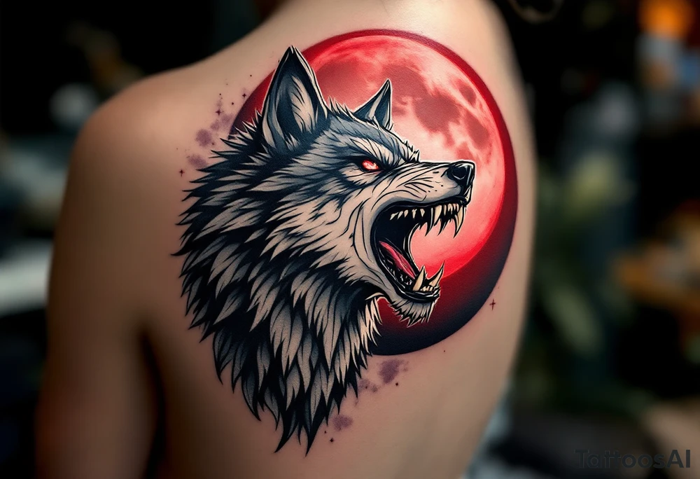 Snarling wolf under a lunar eclipse, with half-red, half-shadowed moon in the sky, done in bold black, gray, and red ink. tattoo idea