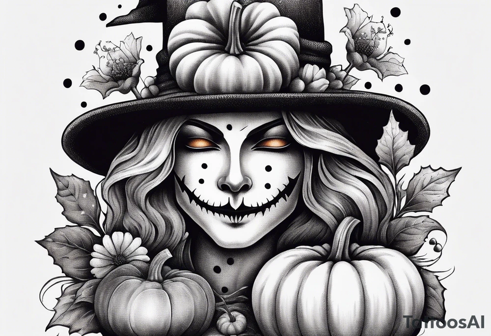 Scarecrow with pumpkins and flowers tattoo idea