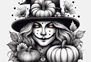 Scarecrow with pumpkins and flowers tattoo idea