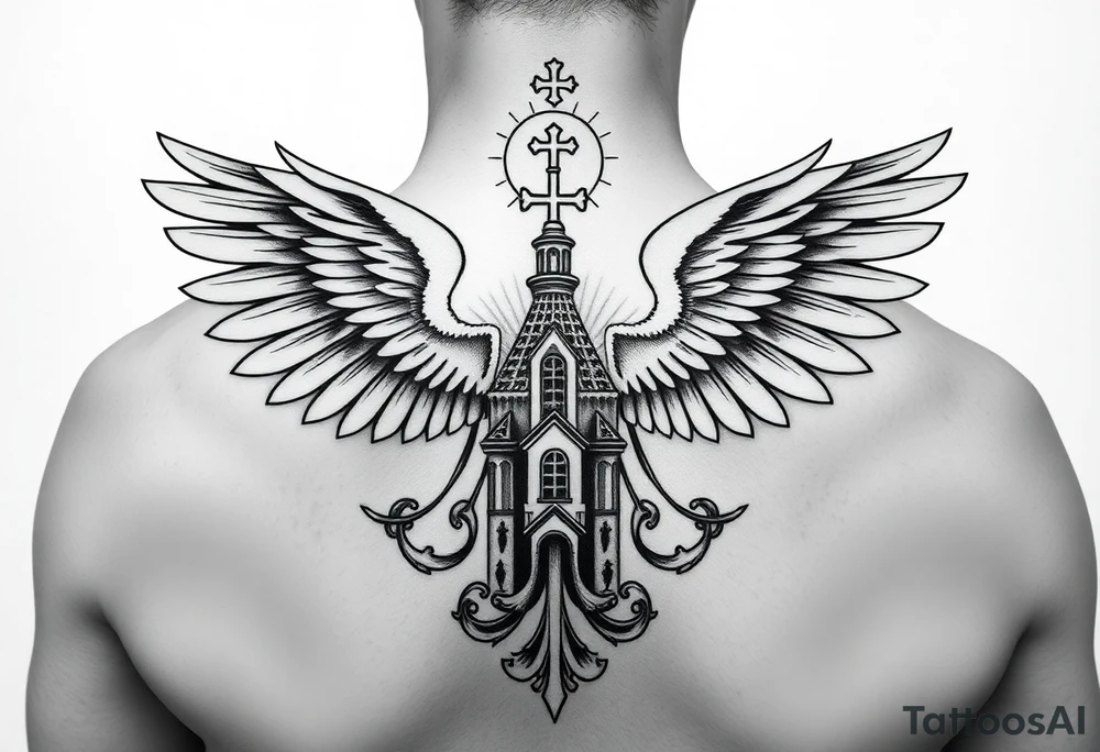 russian coat of arms with both heads visible & wings spanning out on my back neck across on to my shoulders / traps with a orthodox christian church being visible in a mountainous sun beaming setting, with the russian orthodox cross spire of the orthodox church being visible on my neck with a sun beaming in the background that the cross sits inside tattoo idea