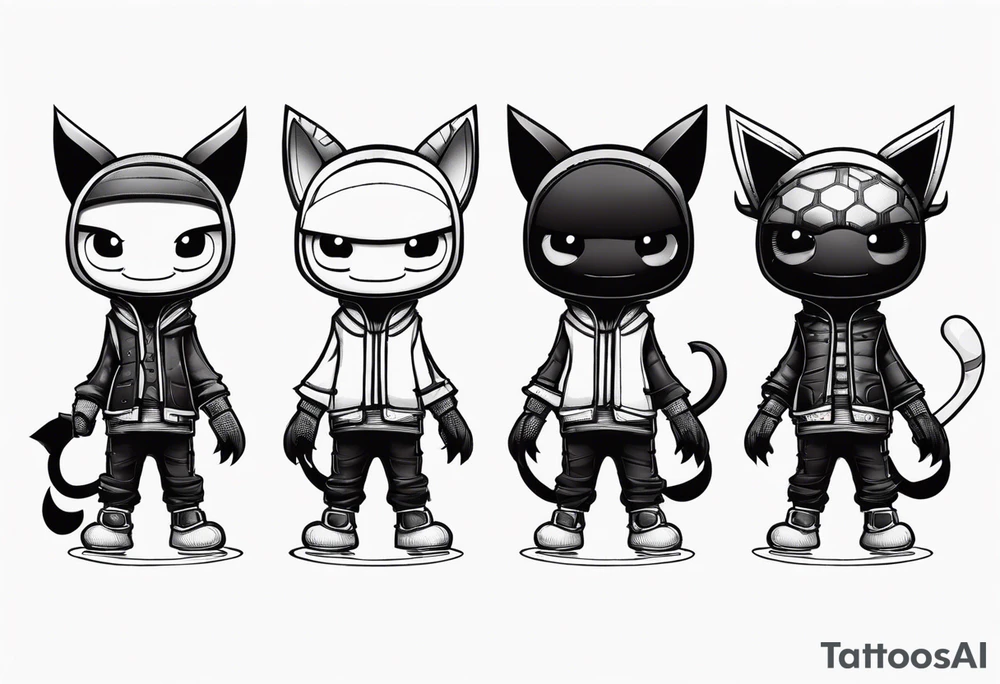 Three sackboys from "litten big planet" in a row, full Black, different poses tattoo idea